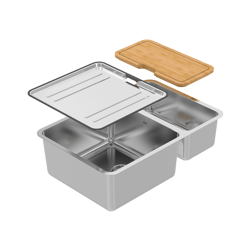 Abey Lago 1 & 1/3 Bowl Sink, 650x440mm, Topmount/Undermount ,(Inc. Tray & Chopping Board), Stainless Steel, NL180