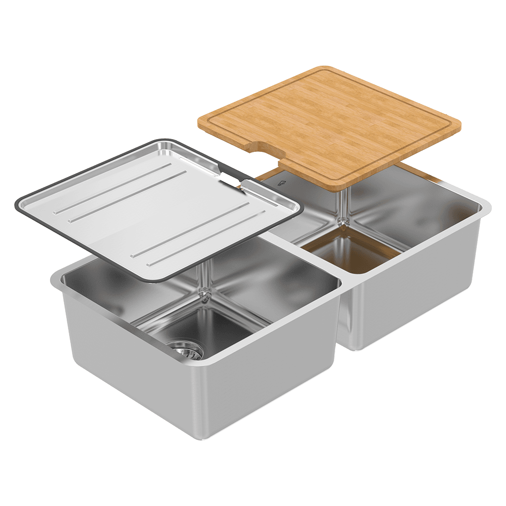 Abey Lago Double Bowl Sink, 830x440mm, Topmount/Undermount, (Inc. Tray & Chopping Board), Stainless Steel, NL200