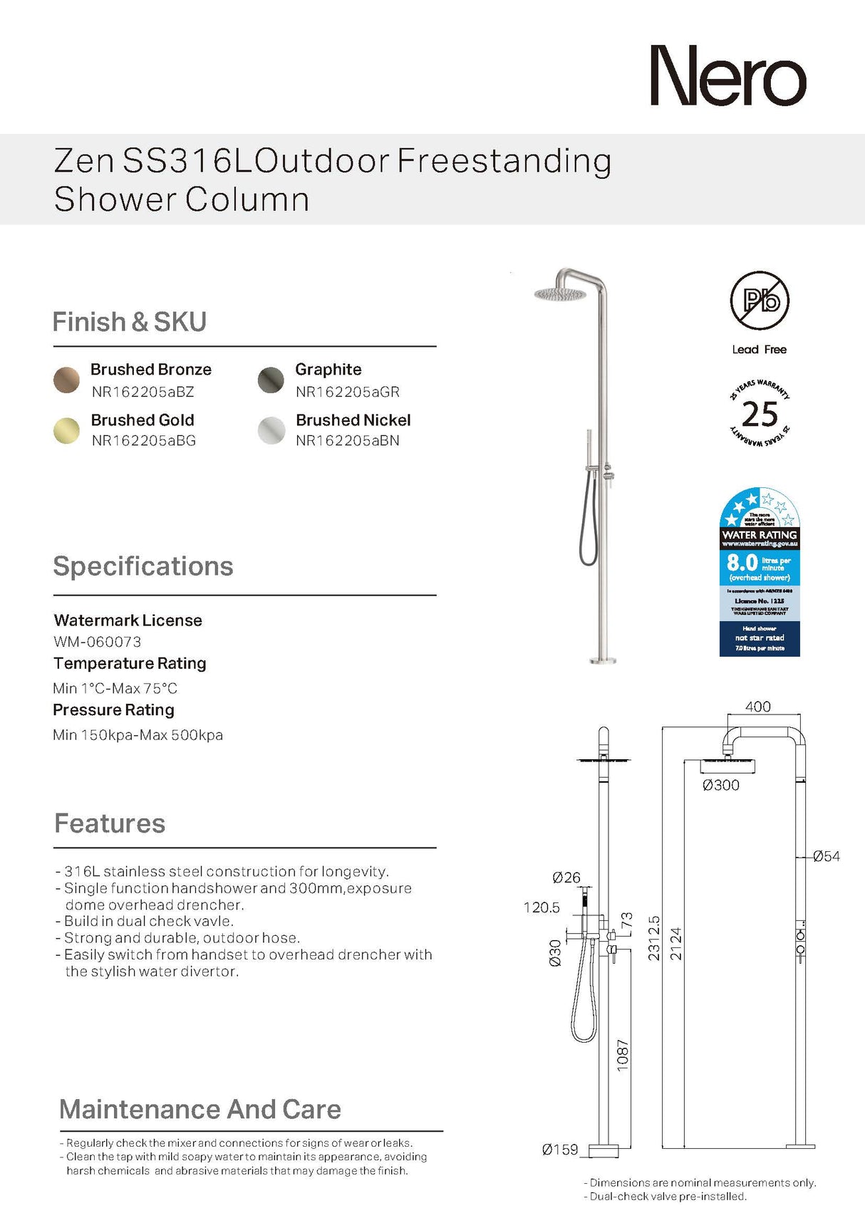 Nero Zen Outdoor Freestanding Shower Column 300mm Brushed Gold NR162205ABG