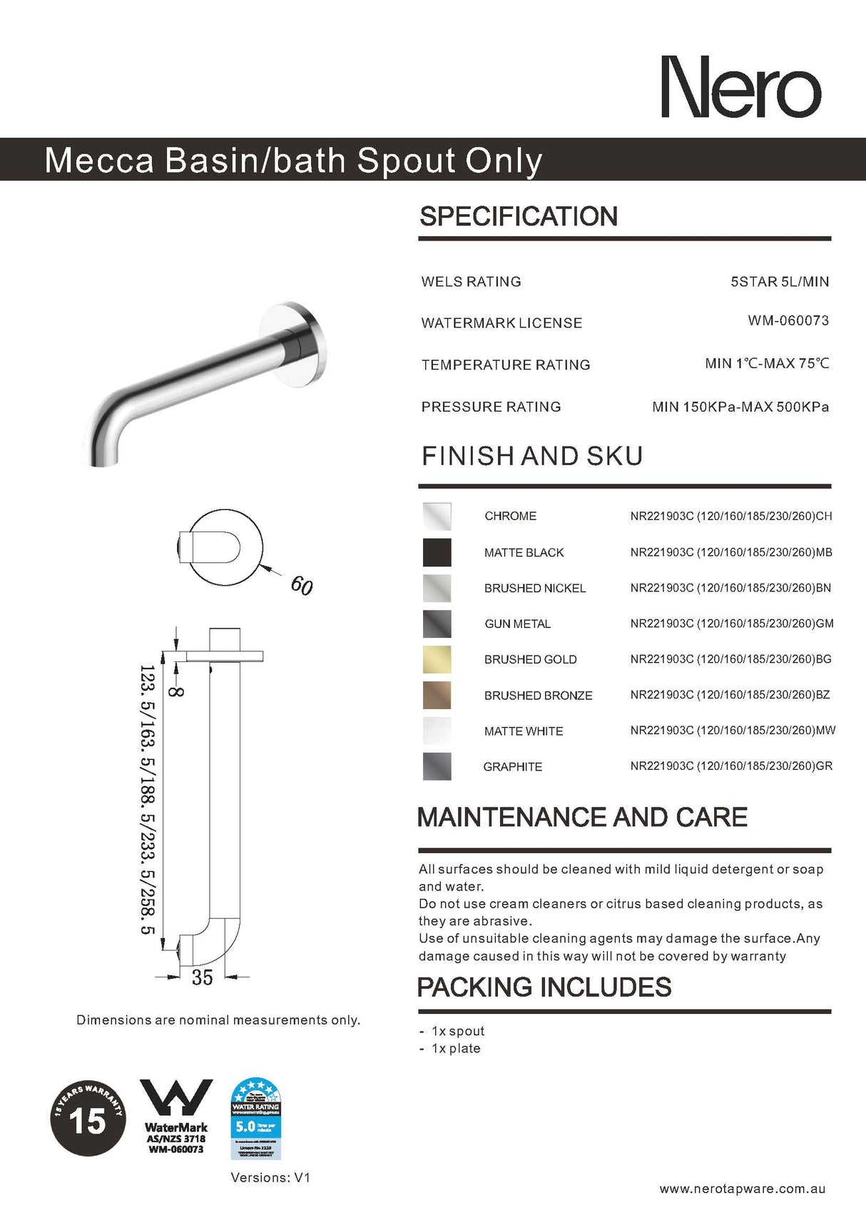 Nero Mecca Basin/Bath Spout Only 120mm Matte White NR221903C120MW