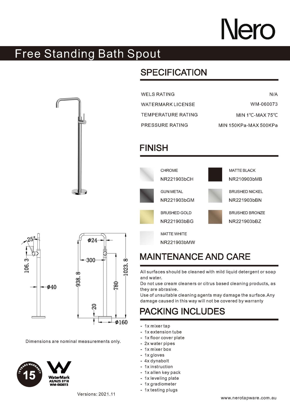 Nero Mecca Freestanding Bath Mixer Square Shape Brushed Nickel NR221903bBN
