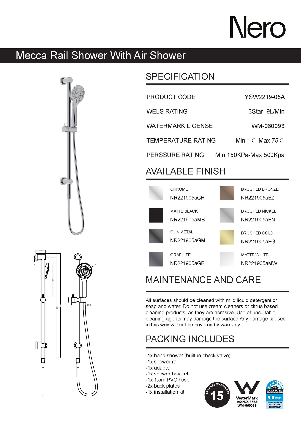 Nero Mecca Rail Shower With Air Shower Chrome NR221905aCH