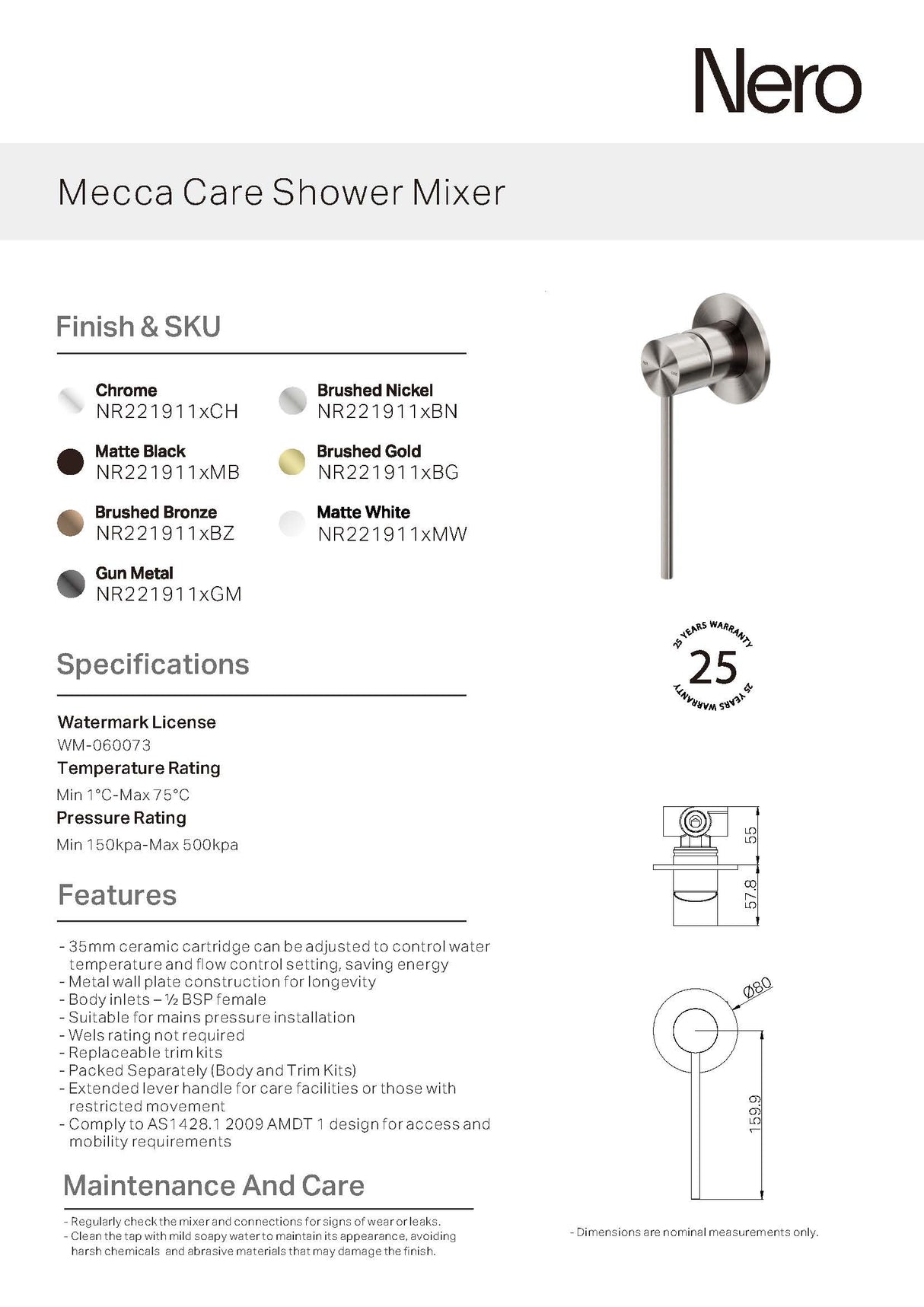 Nero Mecca Care Shower Mixer Matte Black NR221911XMB