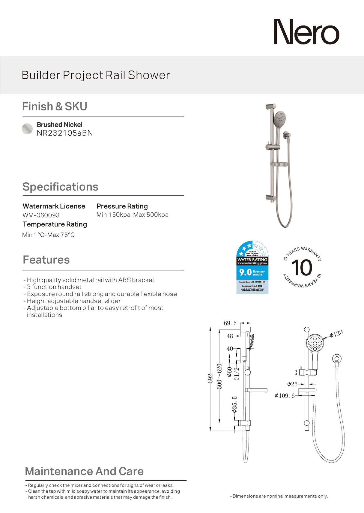Nero Builder Project Rail Shower Brushed Nickel NR232105ABN