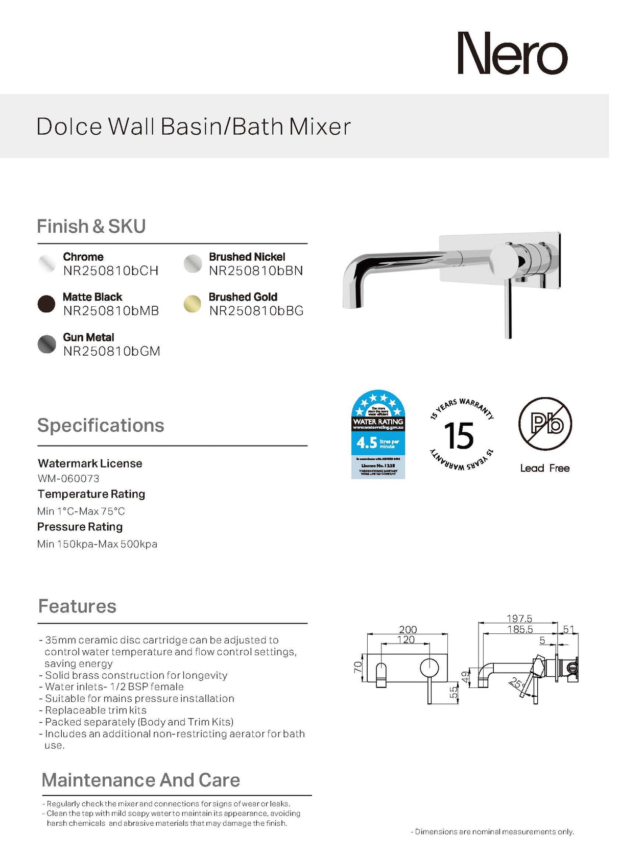 Nero Dolce Wall Basin/Bath Mixer Chrome NR250810BCH
