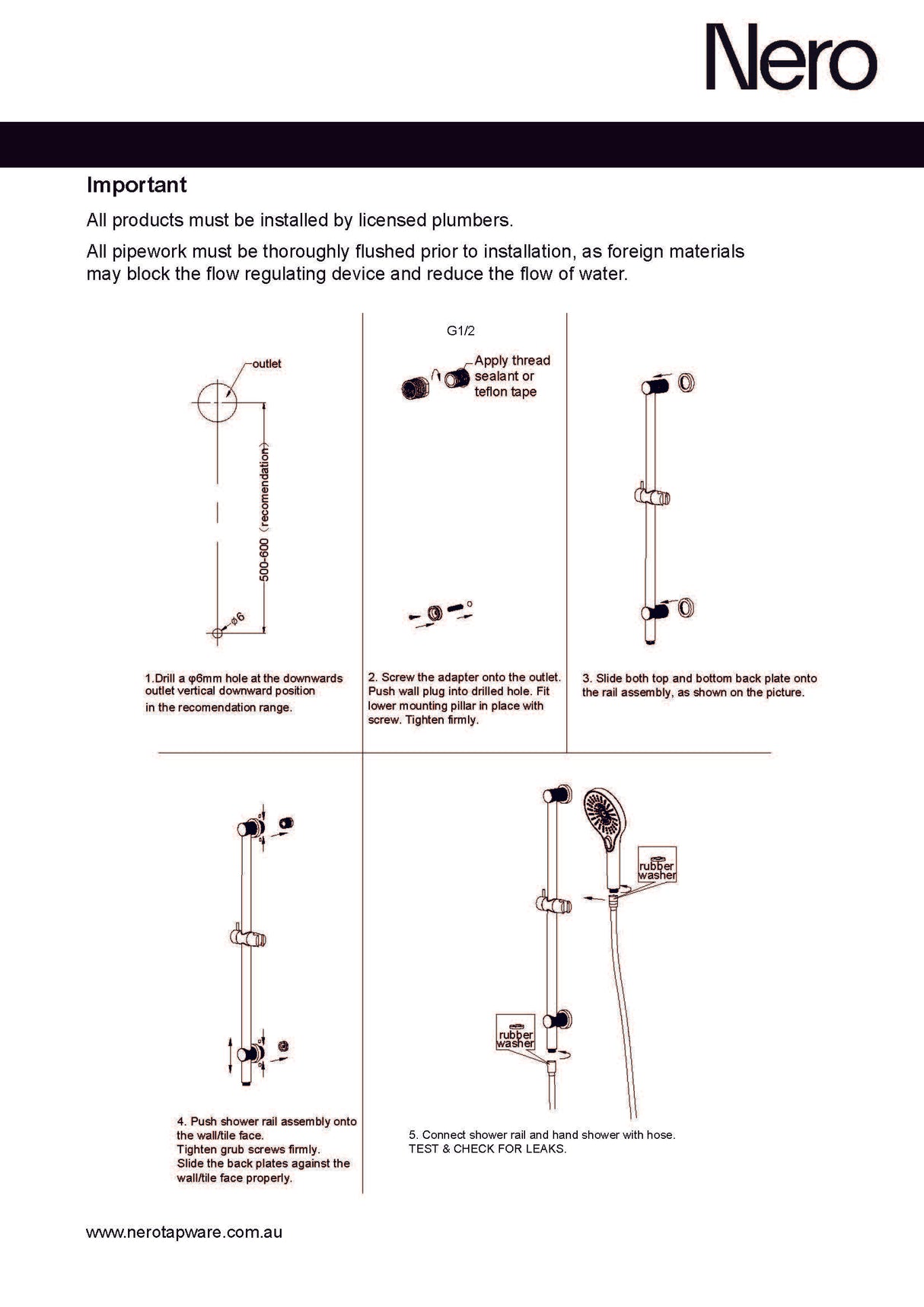 Nero Opal Shower Rail Graphite NR251905dGR