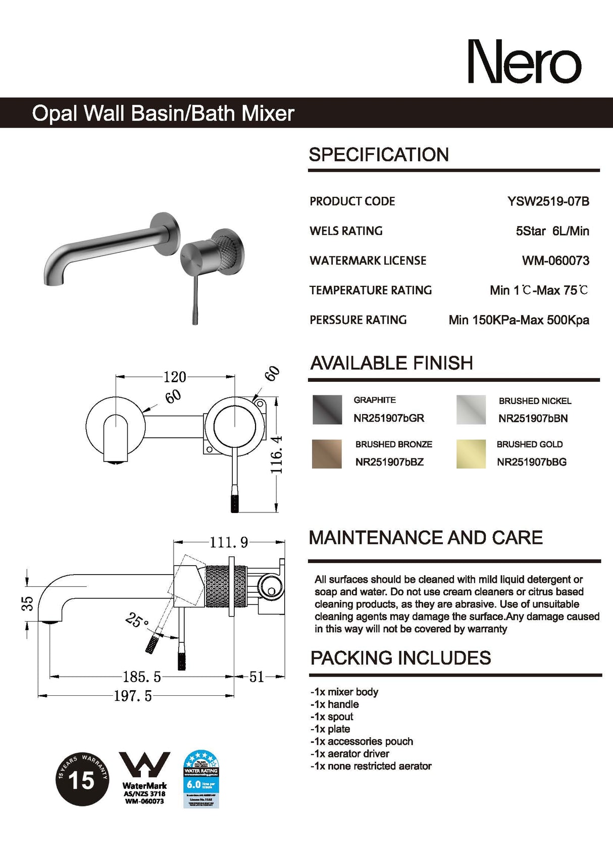 Nero Opal Wall Basin/Bath Mixer 160mm Spout Separate Back Plate Brushed Bronze NR251907B160BZ
