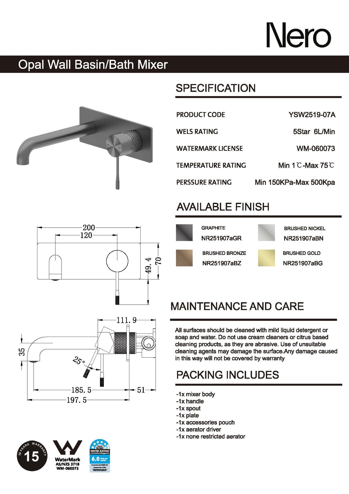 Nero Opal Wall Basin/Bath Mixer Brushed Bronze NR251907aBZ