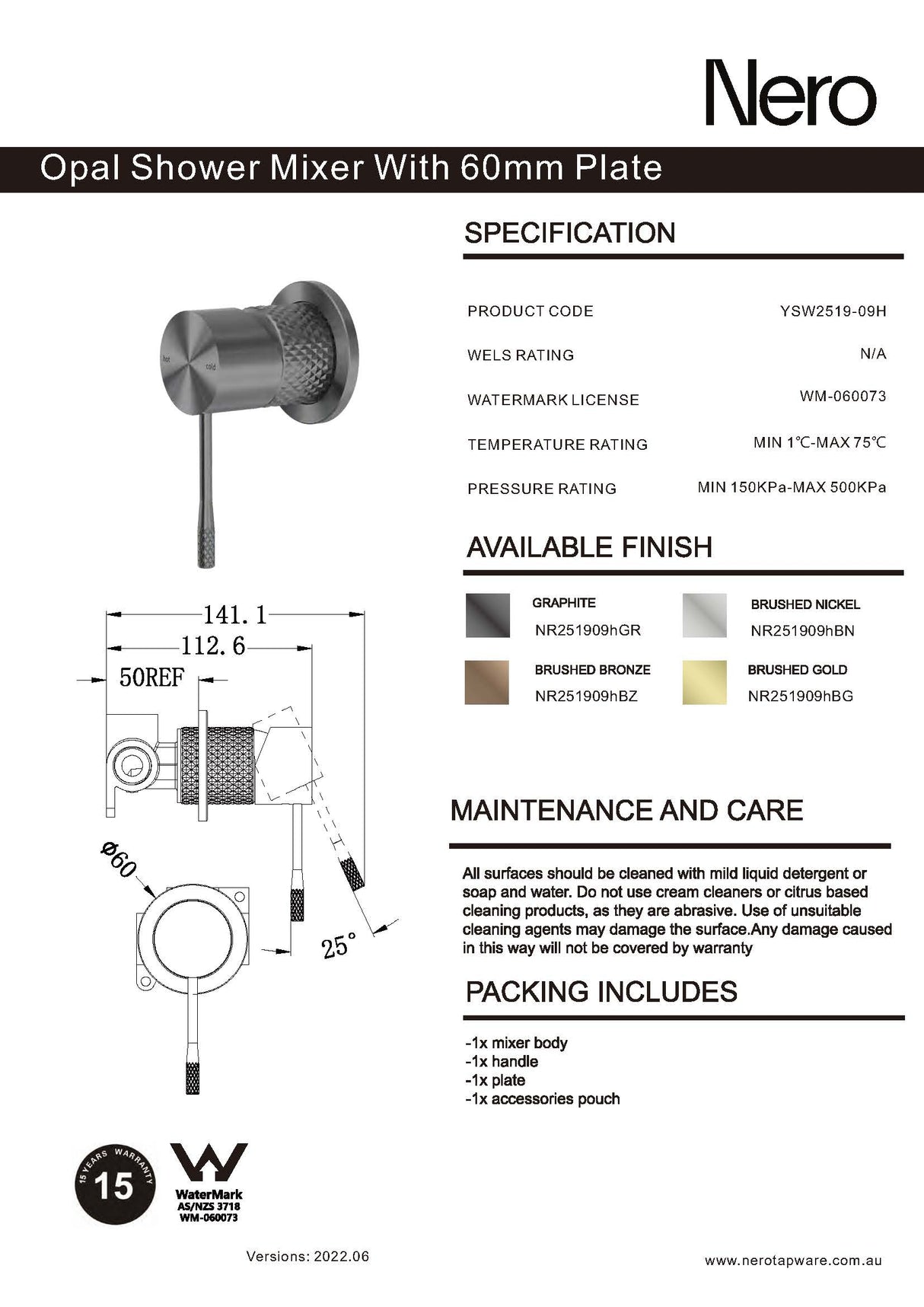 Nero Opal Shower Mixer with 60mm Plate Brushed Nickel NR251909hBN