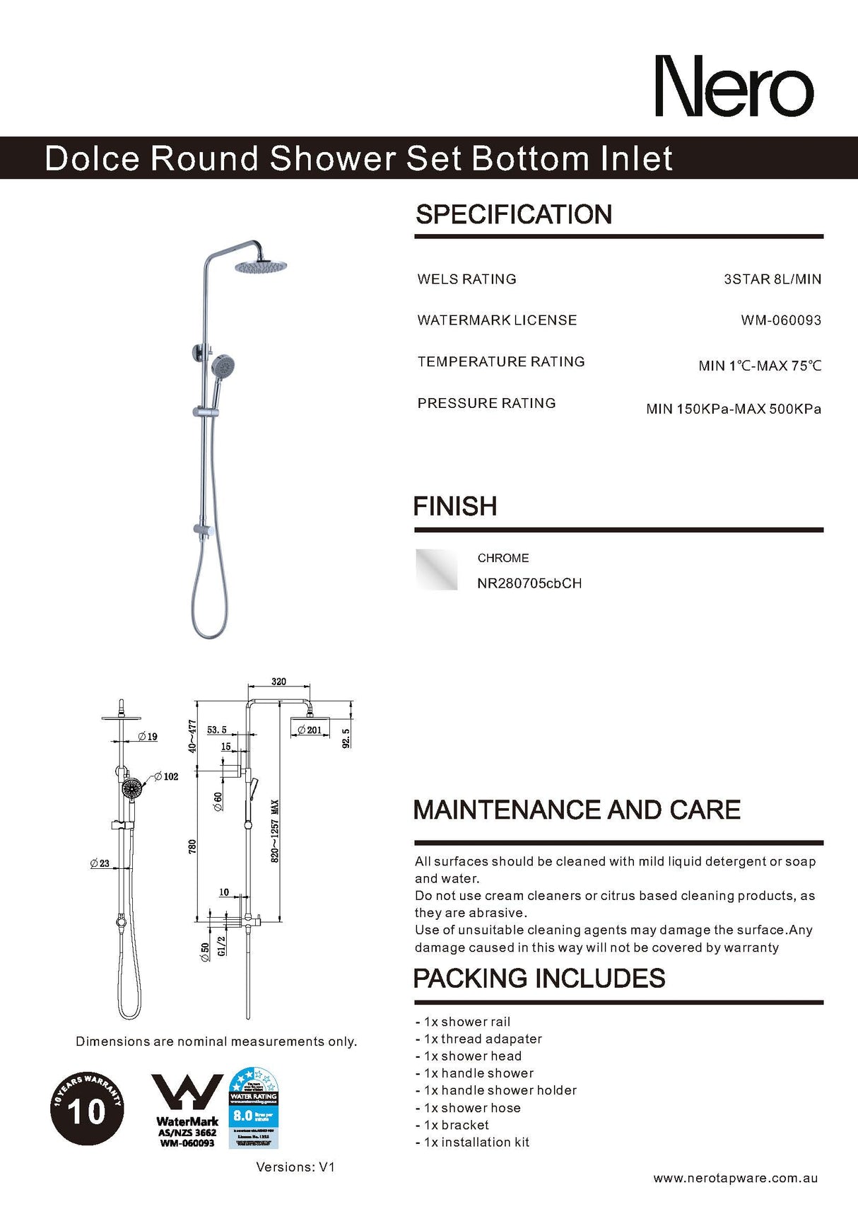 Nero Dolce Round Shower Set Bottom Inlet Chrome NR280705CBCH