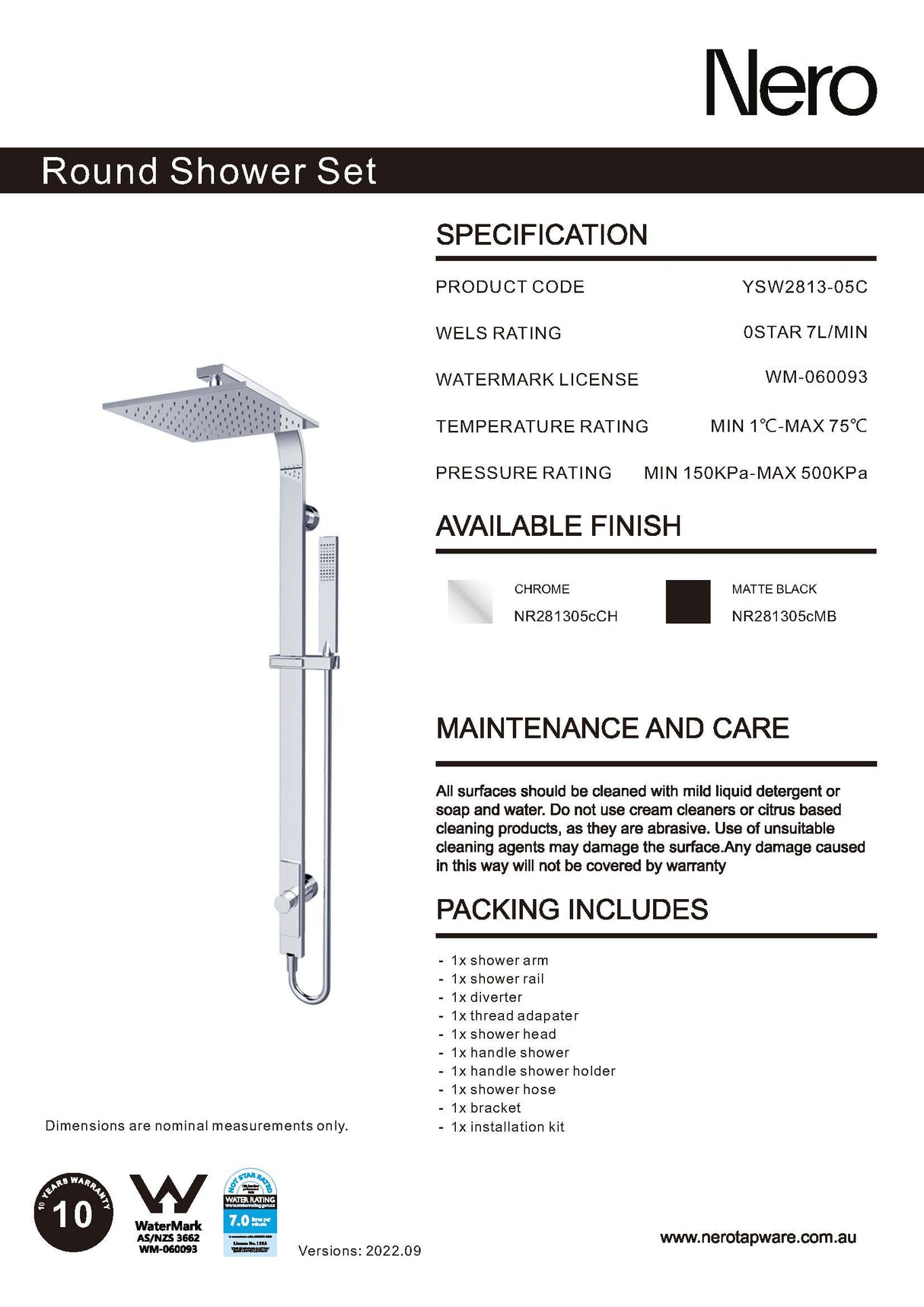 Nero Astra Rain Square Shower Set Single Hose Chrome NR281305CCH