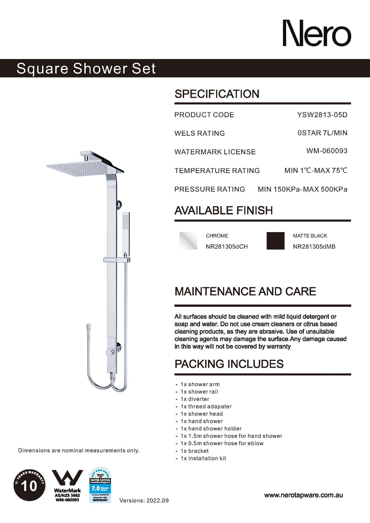 Nero Astra Rain Square Shower Set Double Hose Chrome NR281305DCH