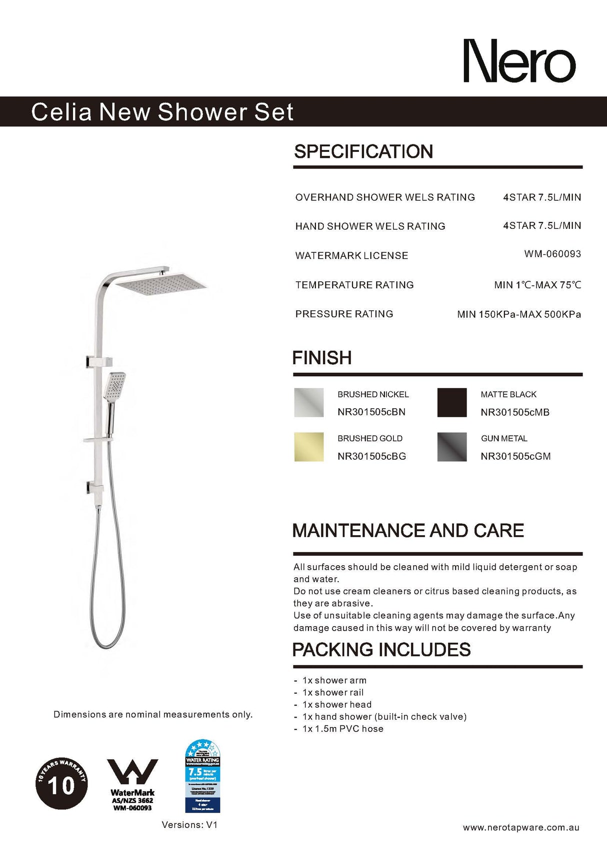 Nero Celia Shower Set Square Head Matte Black NR301505CMB