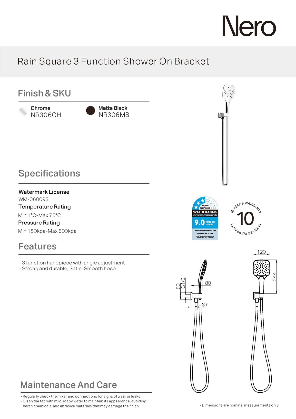 Nero Rain 3 Function Rail Shower Bracket Chrome NR306CH