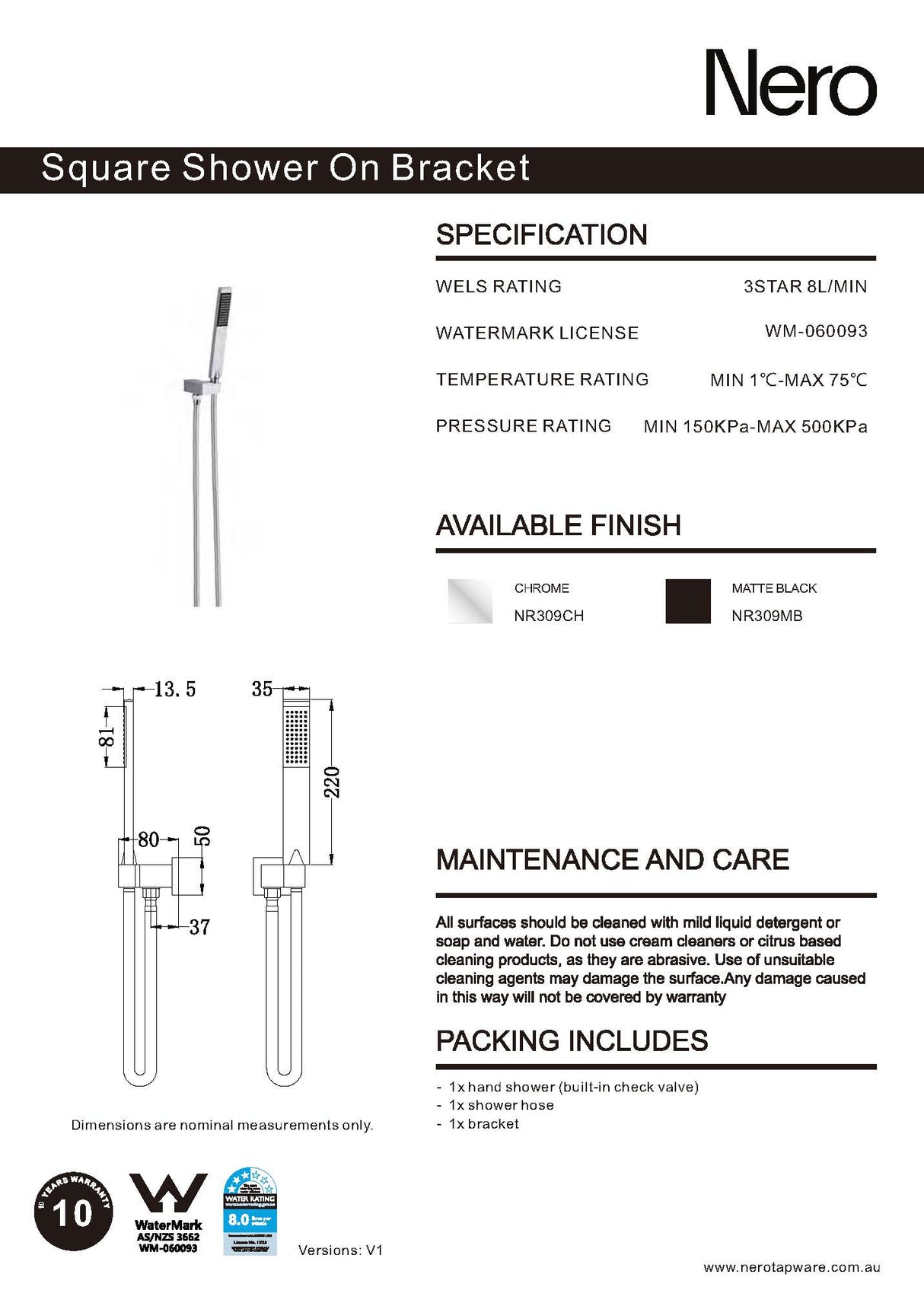 Nero Square Shower On Bracket Chrome NR309CH