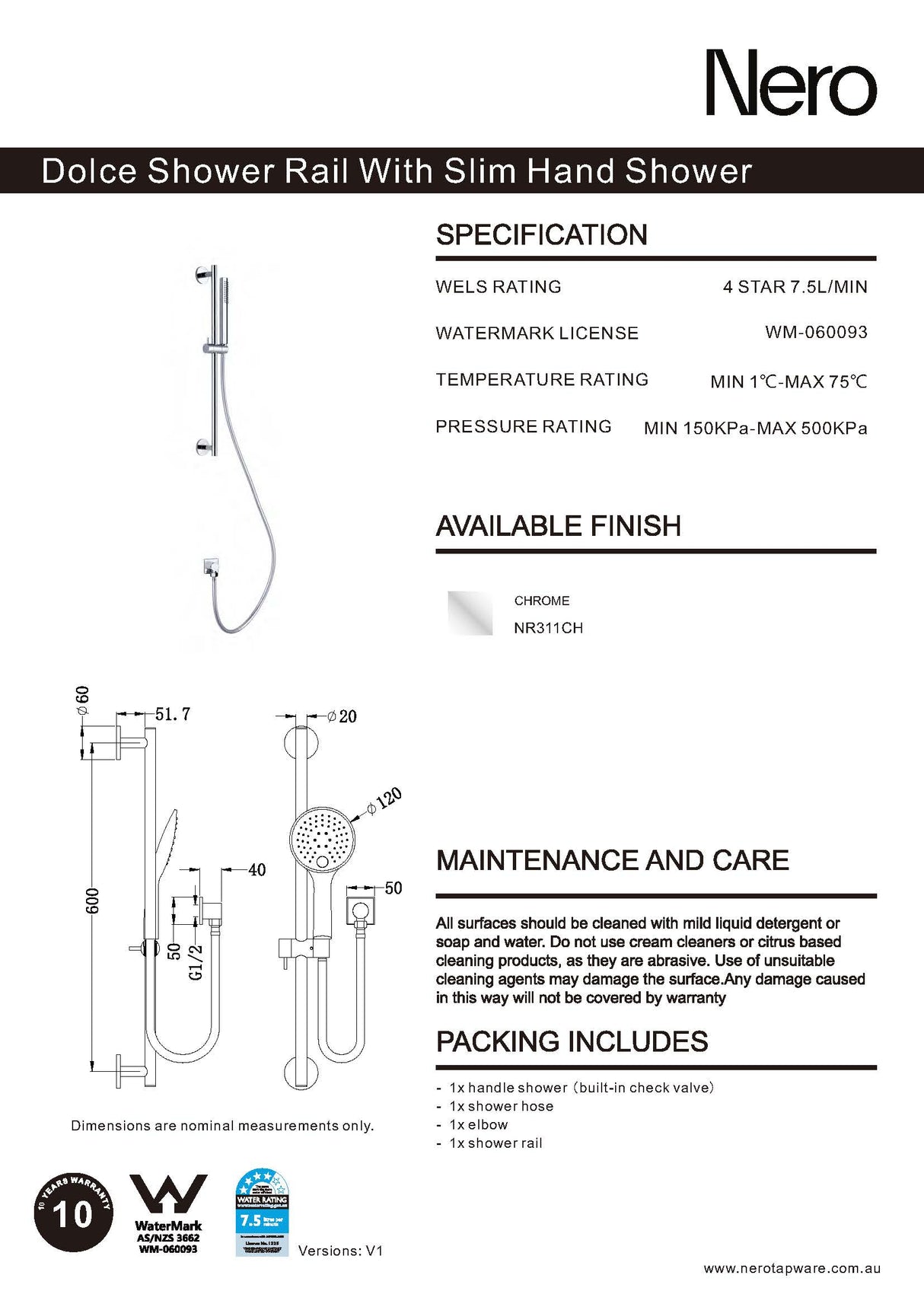Nero Dolce Rain Shower Rail With Slim Hand Shower Chrome NR311CH