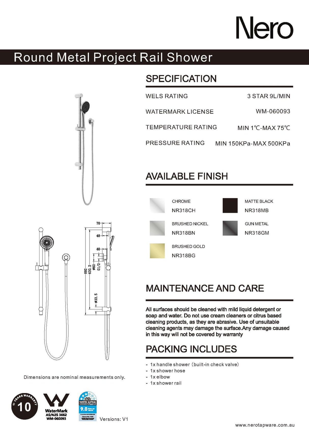 Nero Round Metal Project Rail Shower Matte Black NR318MB