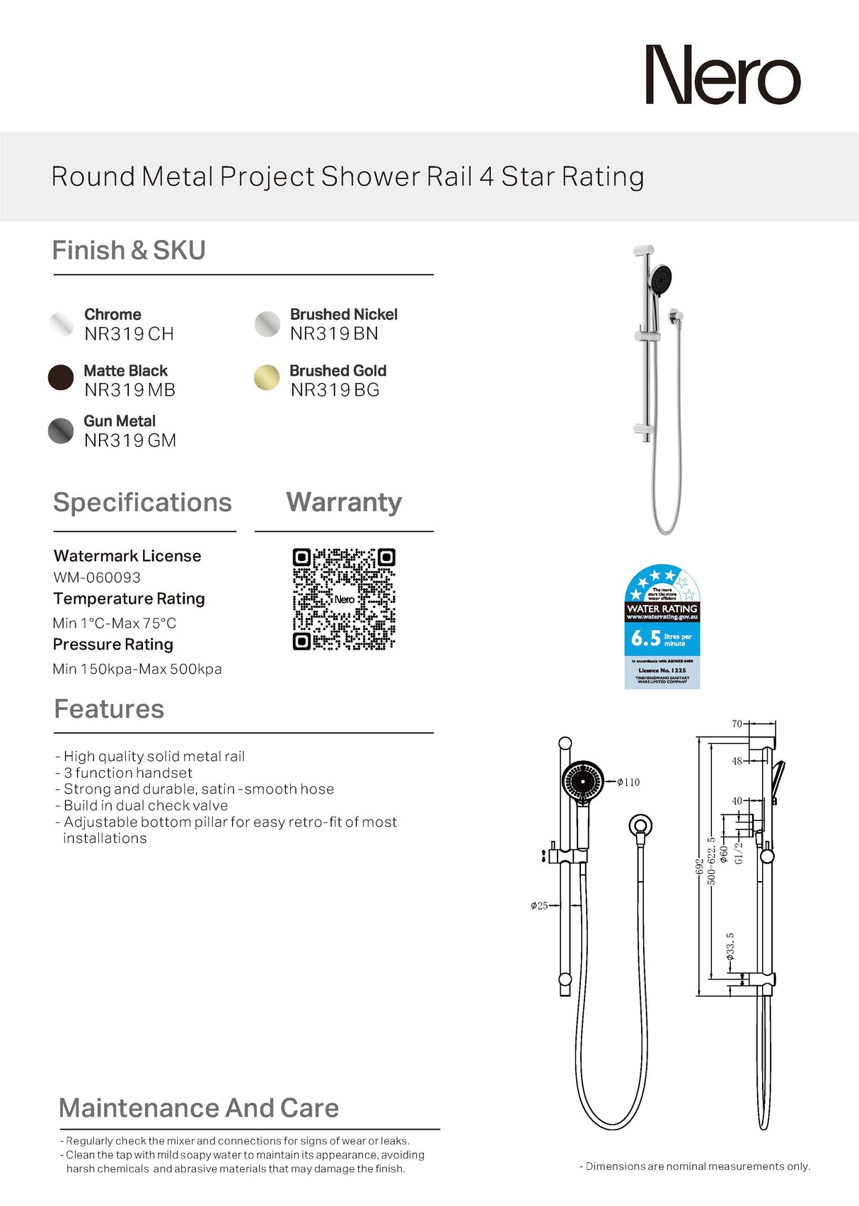 Nero Round Metal Shower Rail Brushed Nickel NR319BN