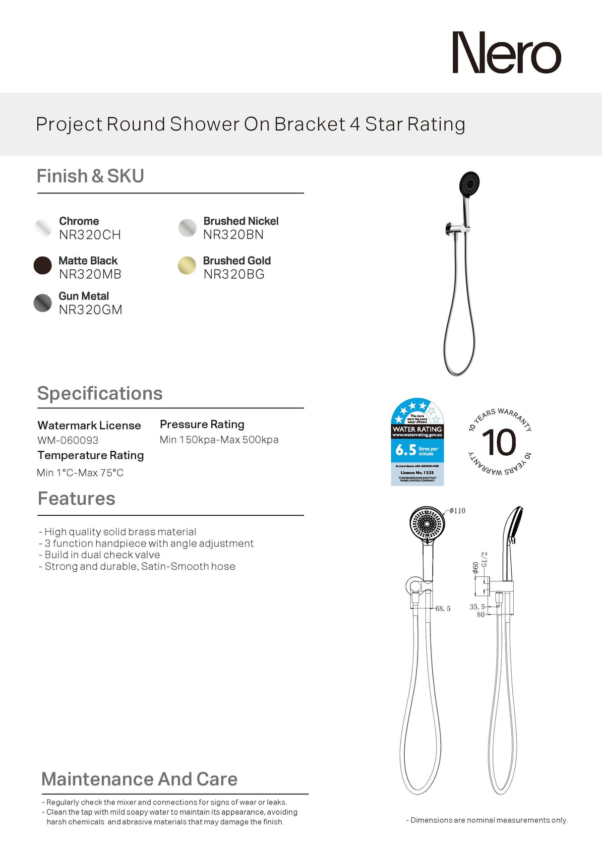 Nero Round Shower On Bracket Matte Black NR320MB