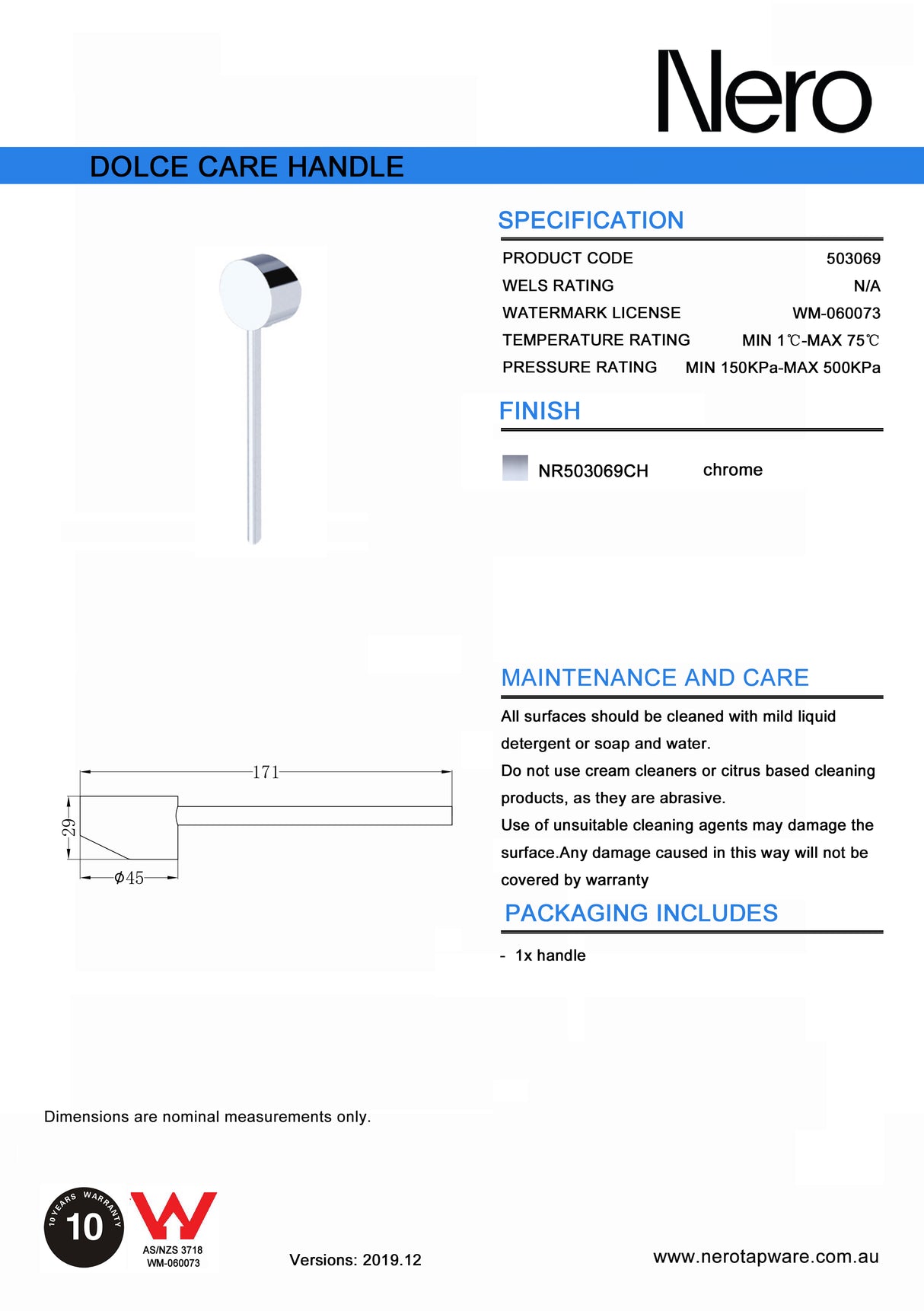 Nero Dolce Care Handle Only Chrome NR503069CH