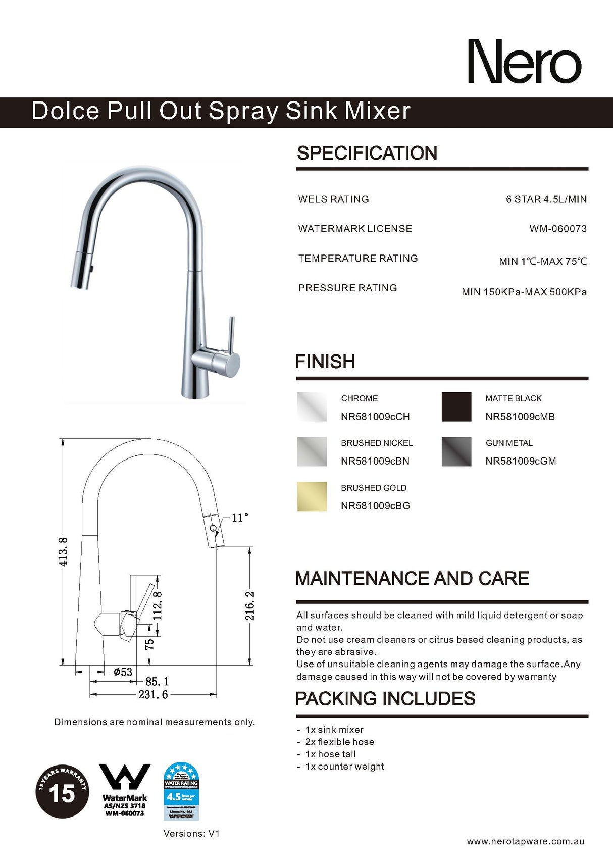 Nero Dolce Pull Out Sink Mixer With Vegie Spray Function Brushed Gold NR581009CBG