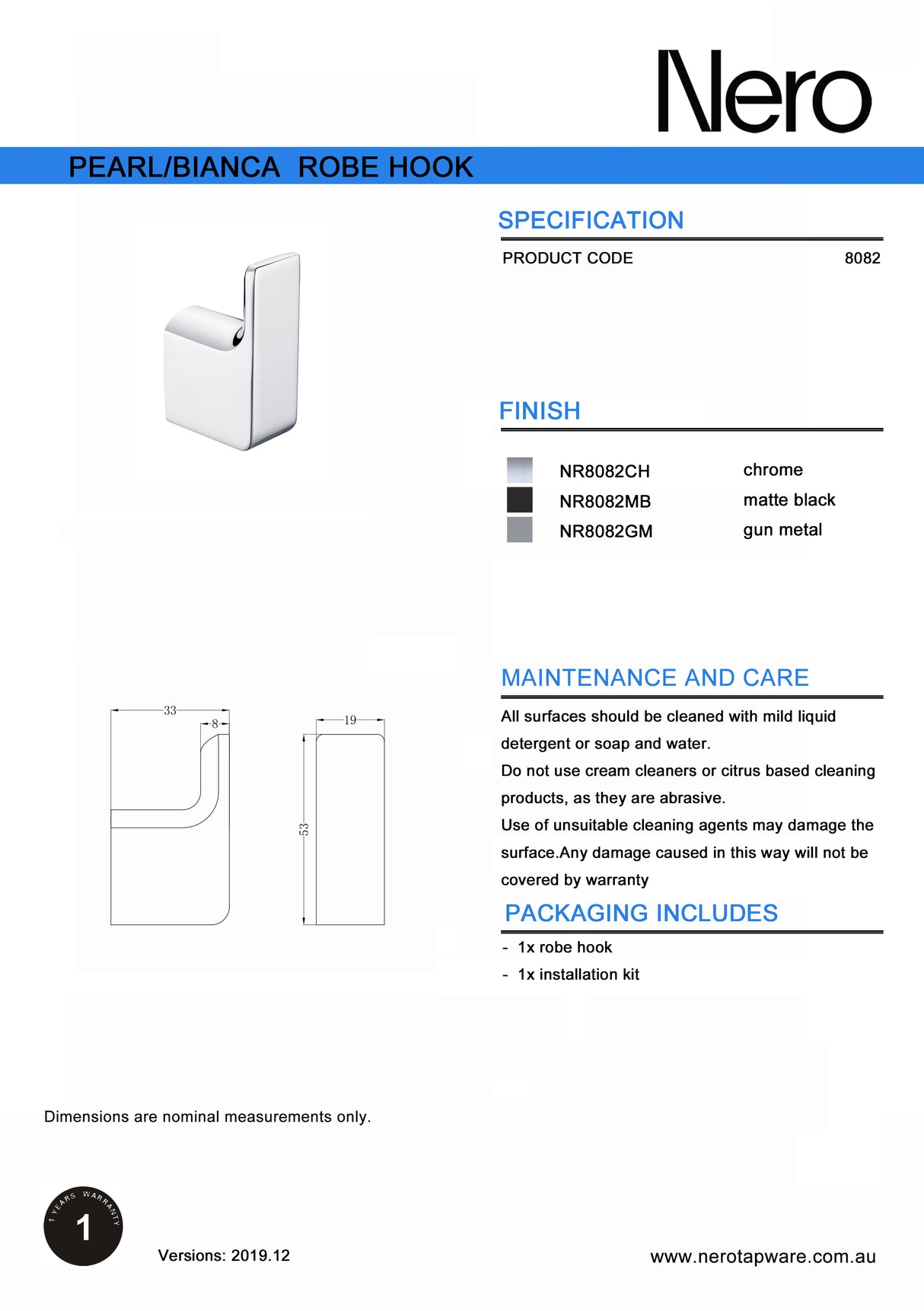 Nero Pearl Robe Hook Chrome NR8082CH