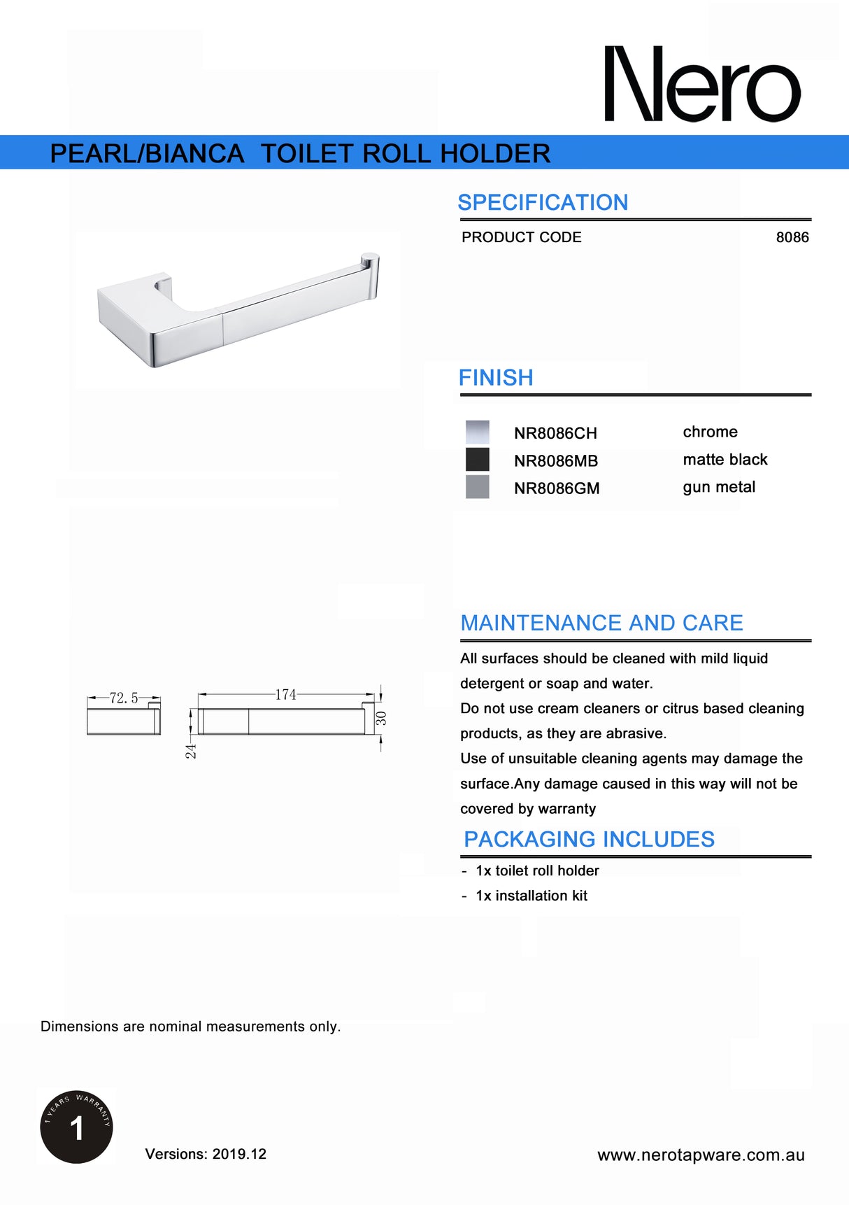 Nero Pearl Toilet Roll Holder Gunmetal NR8086GM