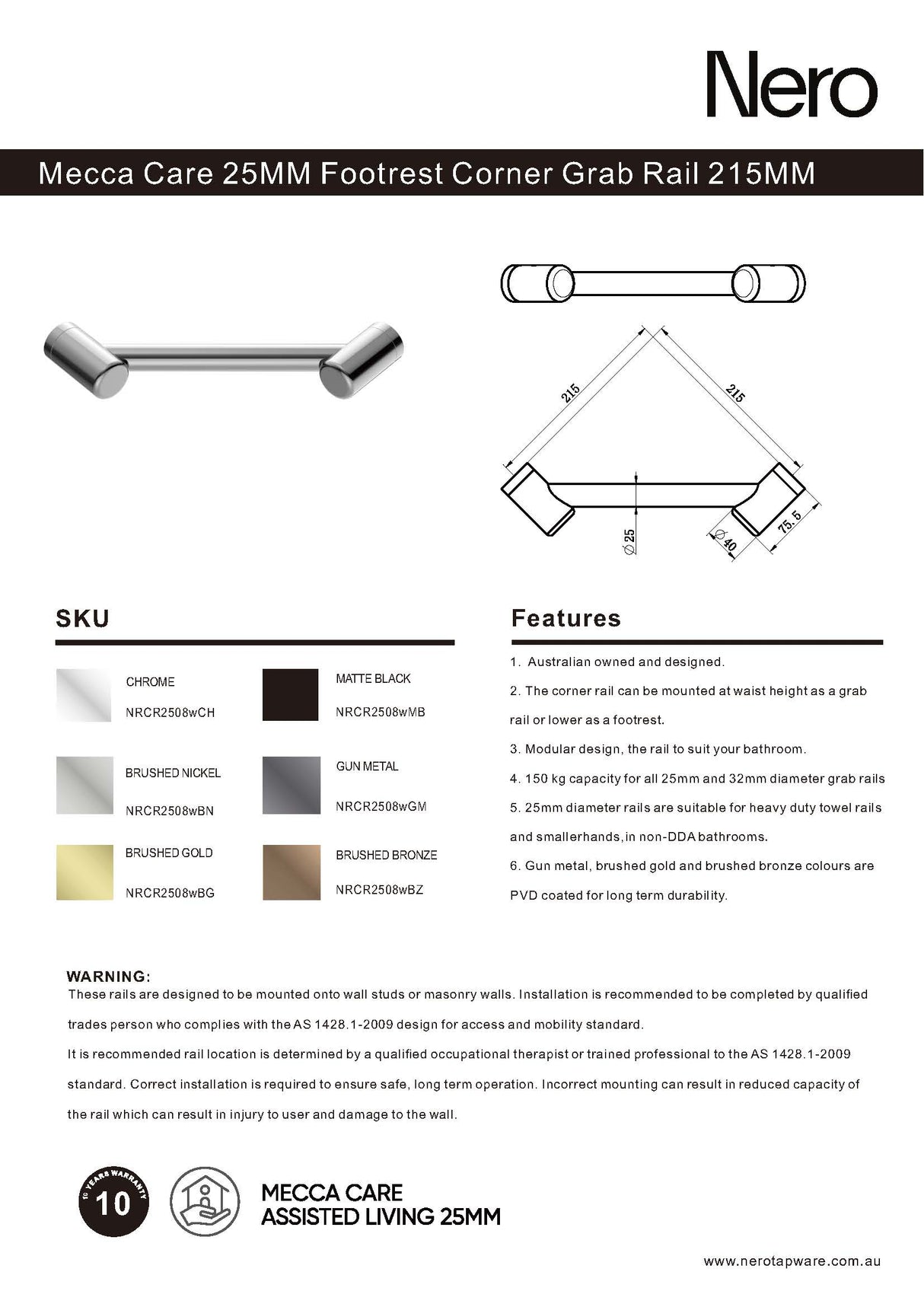 Nero Mecca Care 25mm Footrest Corner Grab Rail 215mm Brushed Nickel NRCR2508WBN
