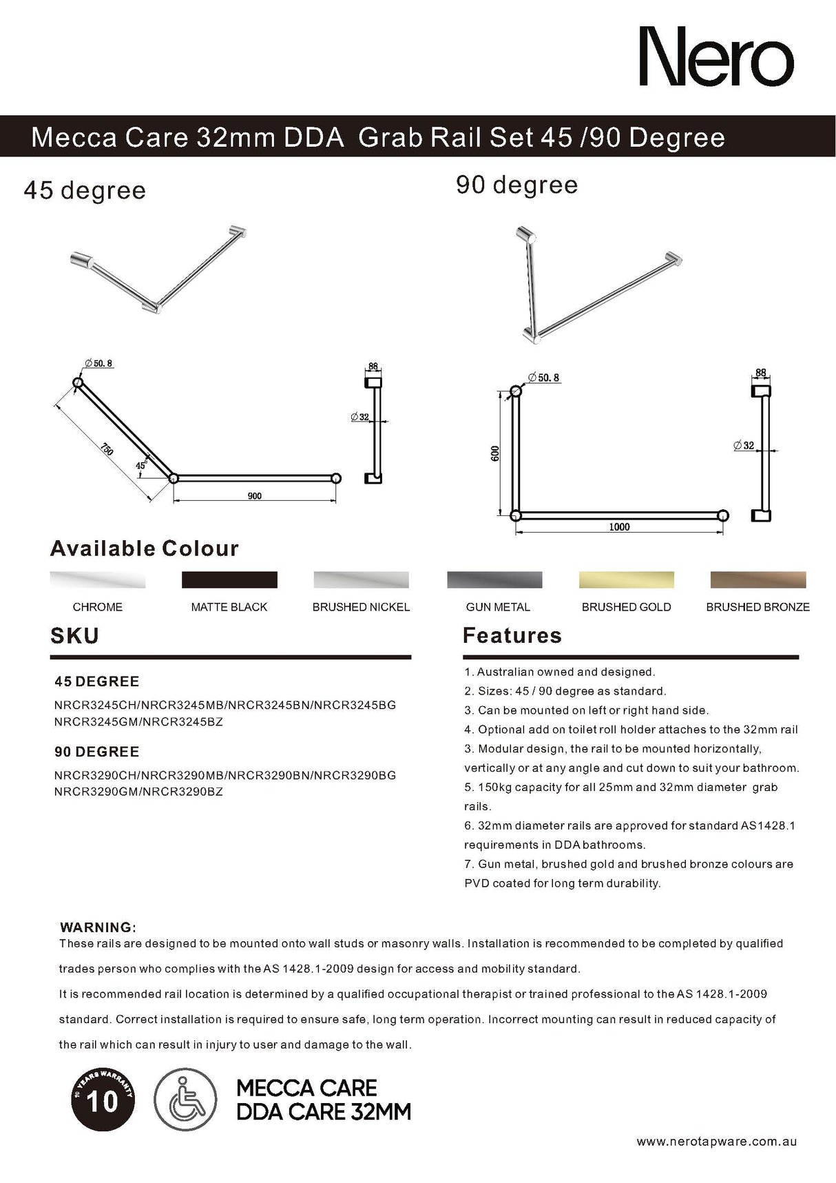 Nero Mecca Care 32mm Ambulant Toilet Grab Rail 90 Degree 450X450mm Brushed Nickel NRCR3290ABN