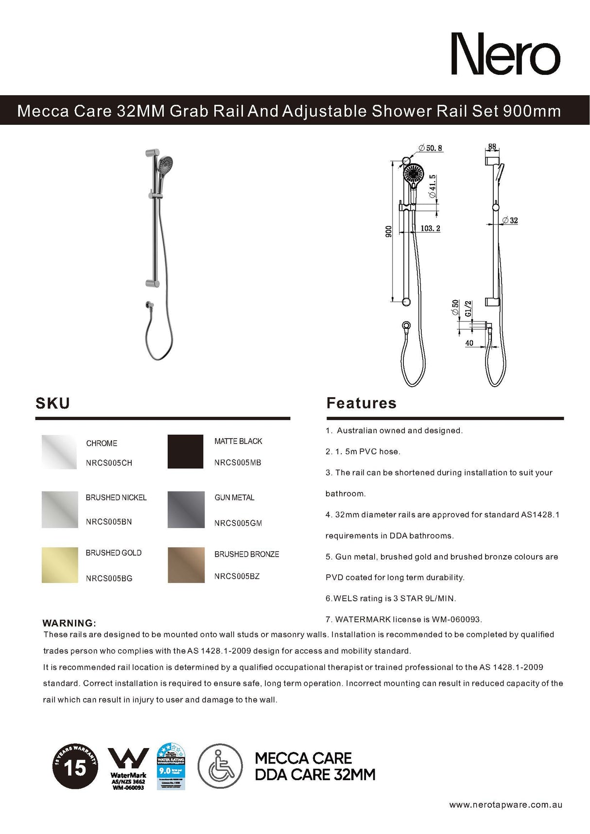 Nero Mecca Care 32mm Grab Rail And Adjustable Shower Rail Set 900mm Gun Metal NRCS005GM