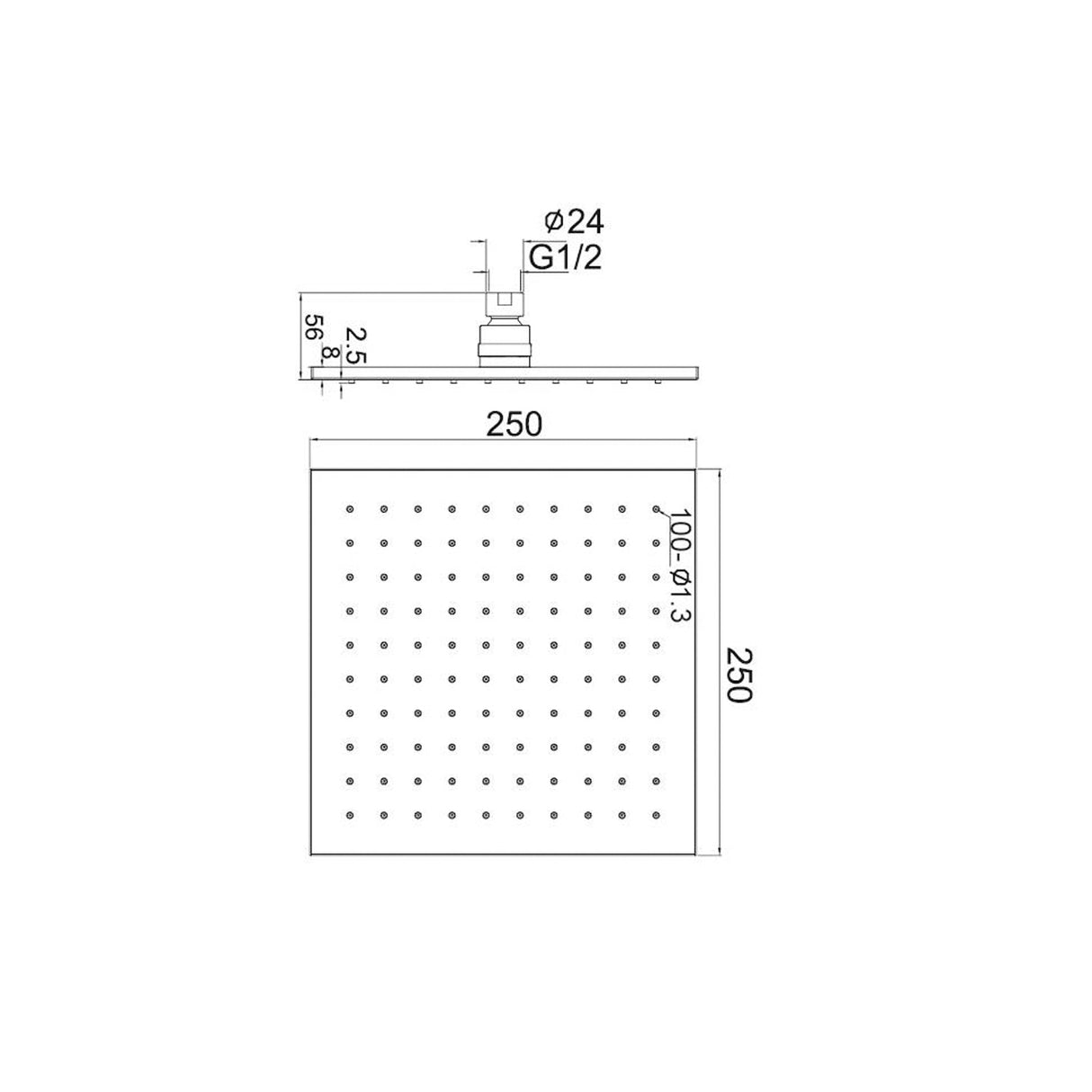 Nero NRROB1003BN 250mm Square Brass Shower Head - Brushed Nickel