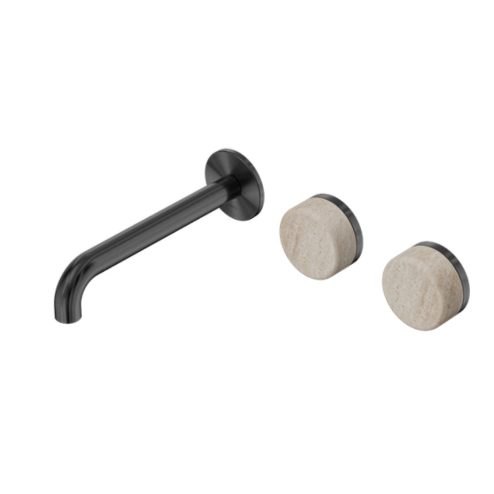 Nero Serenity Wall Basin Set 220mm Offset Spout w/ Rome Travertine Handle Gunmetal 24D067GM