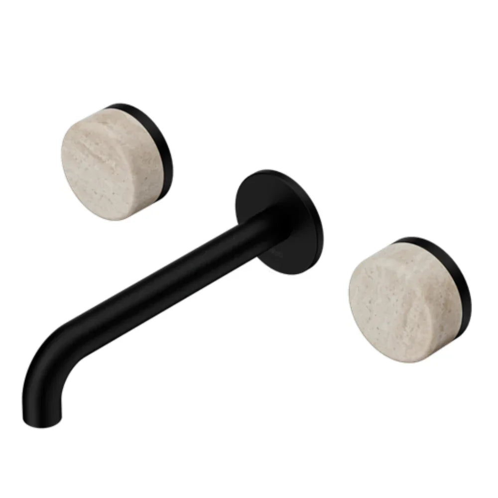 Nero Serenity Wall Basin Set 160mm Spout w/ Rome Travertine Handle Matte Black 24D037MB