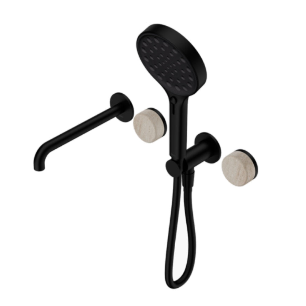Nero Serenity Progressive Shower System w/ Spout w/ Rome Travertine Handle And Serenity Hand Shower Matte Black 24E015MB