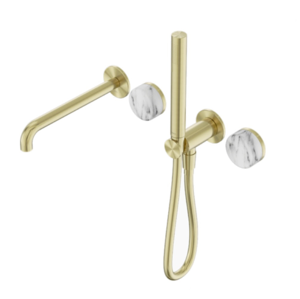 Nero Serenity Progressive Shower System w/ Spout w/ Arabescato Corchia Handle And Slim Shower Brushed Gold 24E010BG