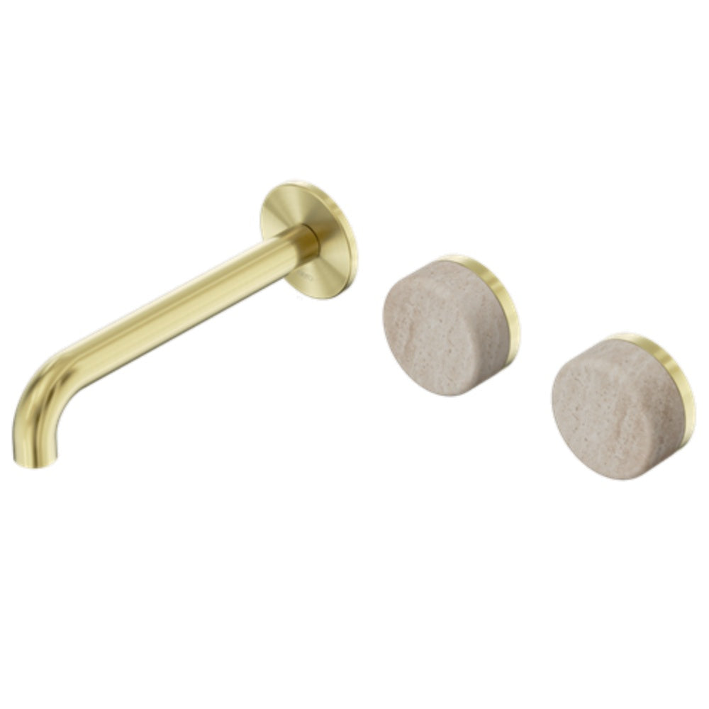 Nero Serenity Wall Basin Set 185mm Offset Spout w/ Rome Travertine Handle Brushed Gold 24D061BG