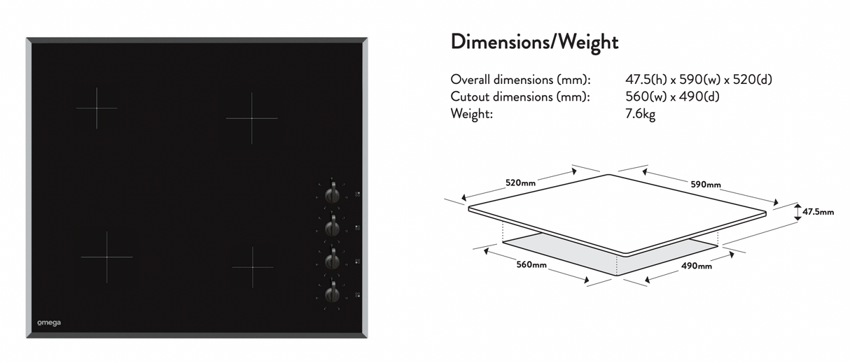 Omega OC64KB 60cm Ceramic Cooktop, Knob Controls