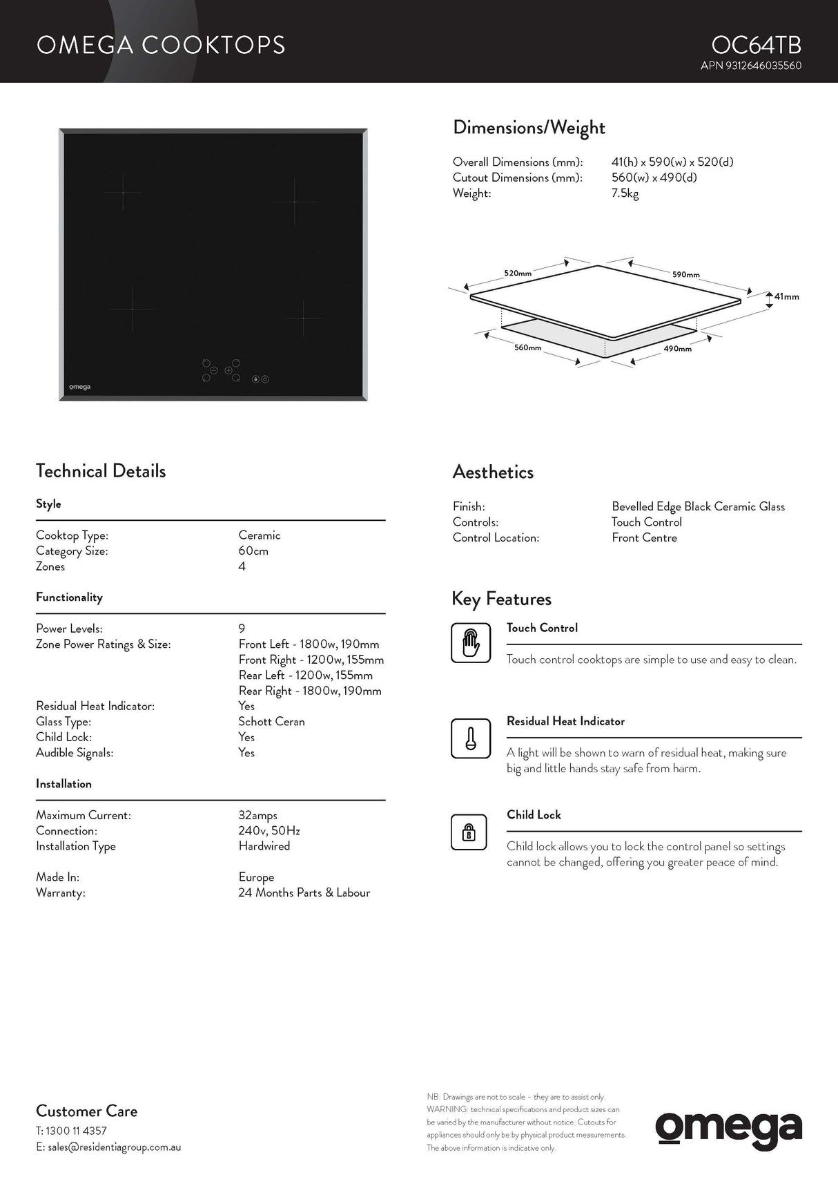 Omega OC64TB 60cm 4 Zone Ceramic Cooktop