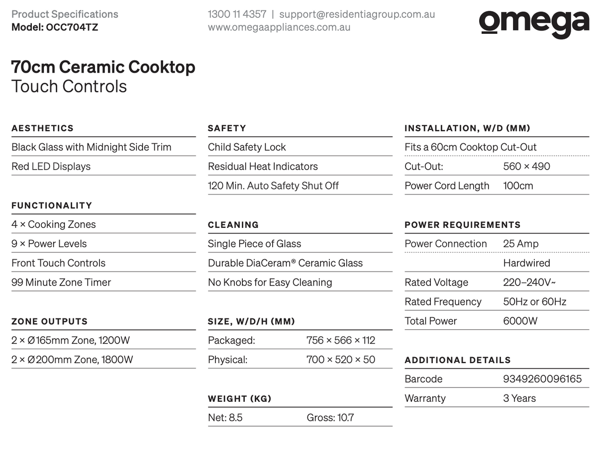 Omega Occ704Tz 70Cm Ceramic Cooktop Touch Controls - Special Order