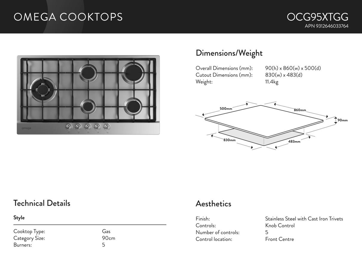 Omega OG6902 60cm 90cm Kitchen Appliance Package, Gas Cooktop, Steel