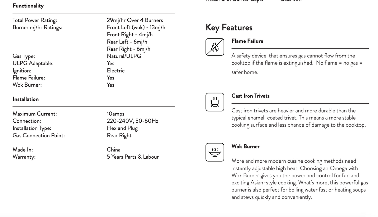 Omega OCGG64COM 60cm Black Glass Gas Cooktop