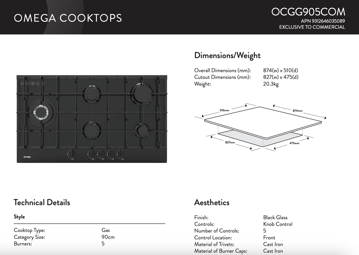 Omega OCGG905COM 'Classic Aesthetic' 90cm Gas on Ceramic Glass Cooktop