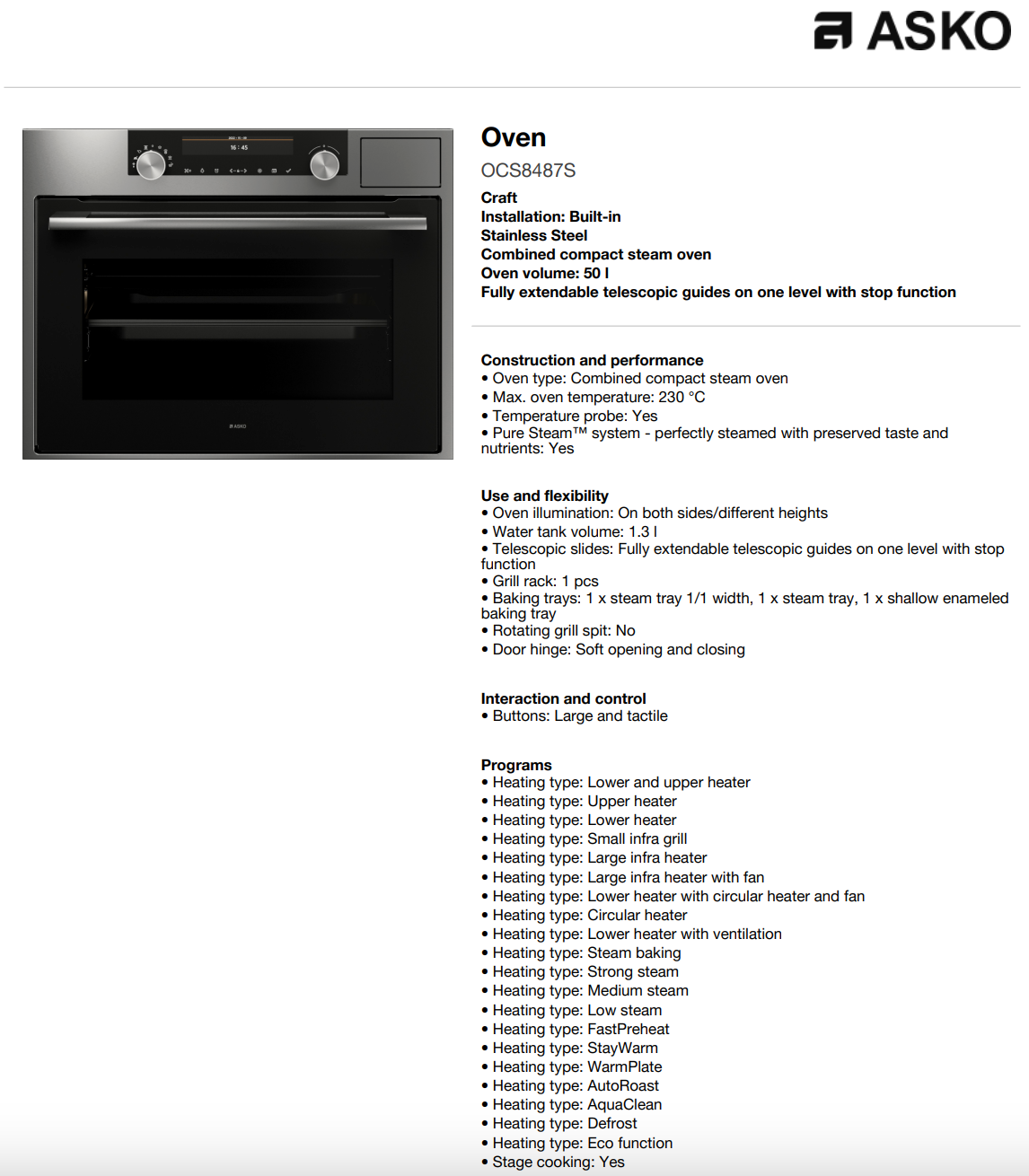 ASKO OCS8487S 45cm Compact Craft Combination Oven with Full Steam, Stainless Steel - ASKO Factory Seconds