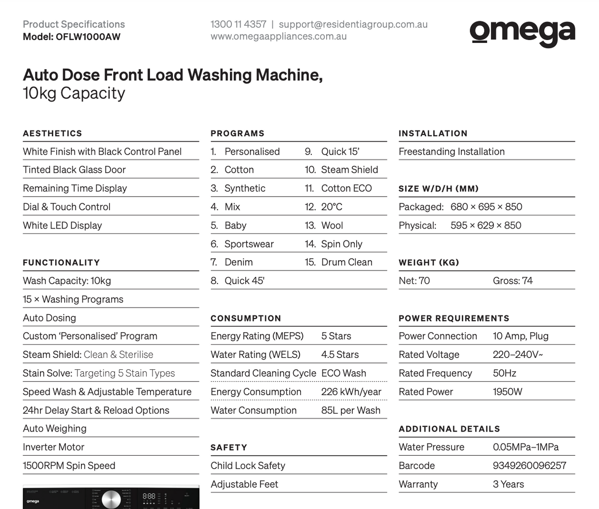 Omega OFLW1000AW 10kg Auto Dose Front Load Washing Machine - Seconds Discount