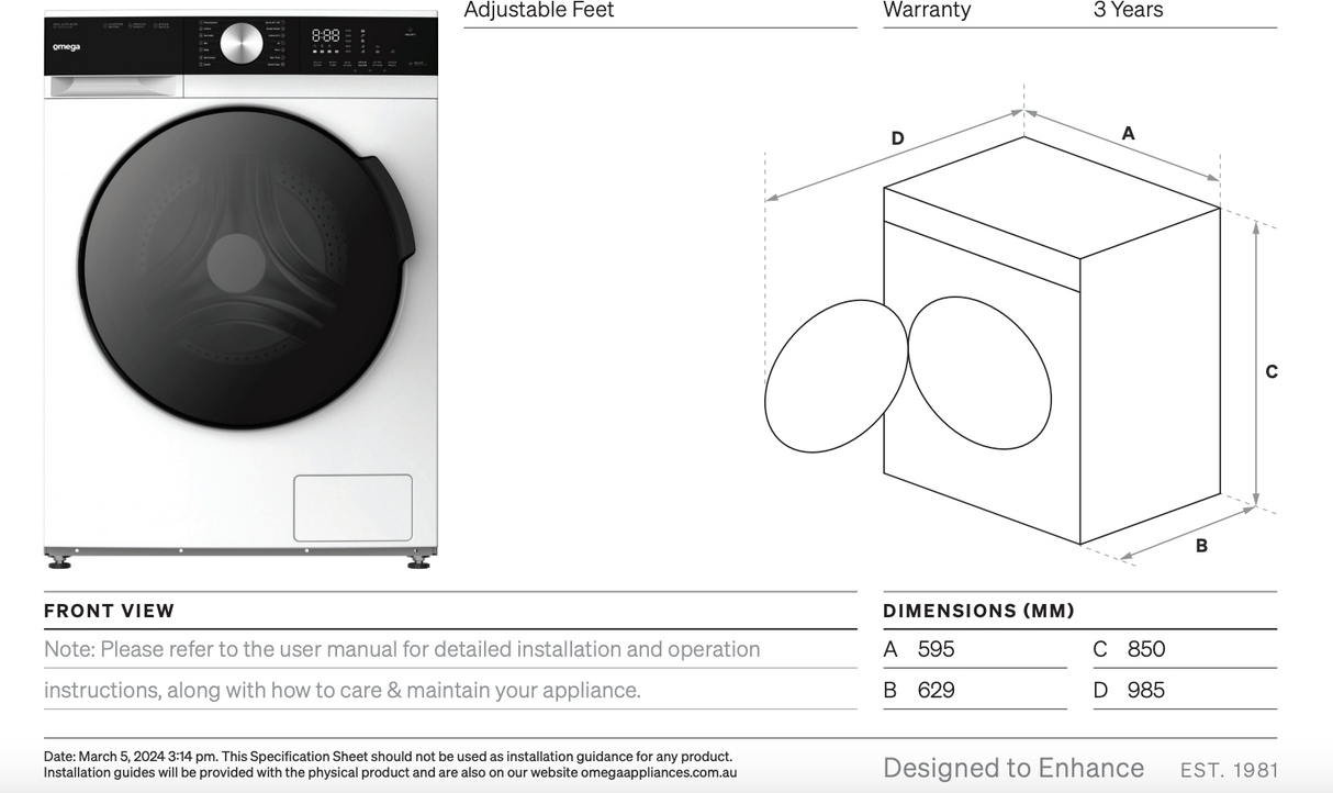 Omega OFLW1000AW 10kg Auto Dose Front Load Washing Machine - Seconds Discount