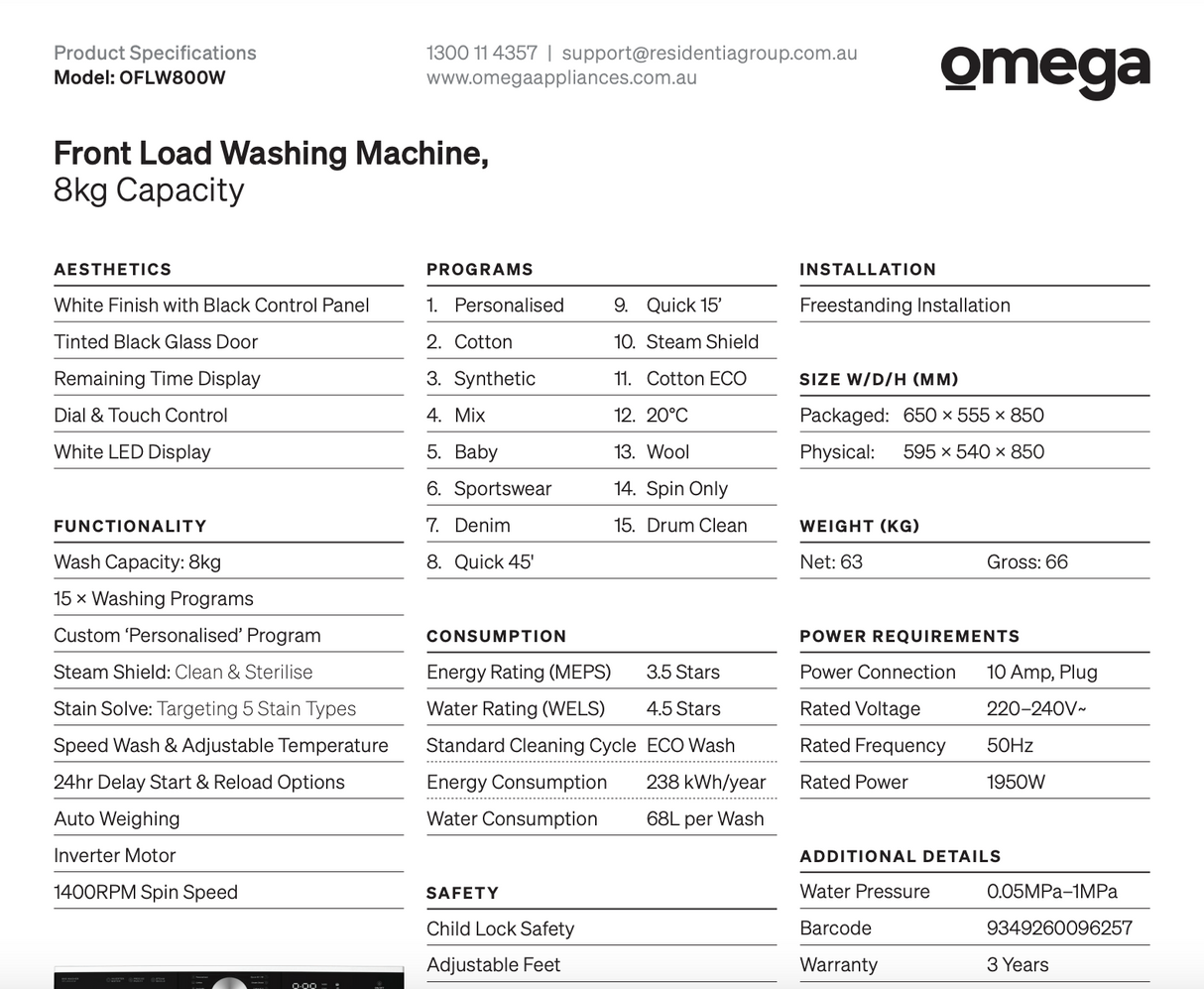 Omega OFLW800W 8kg Front Load Washing Machine