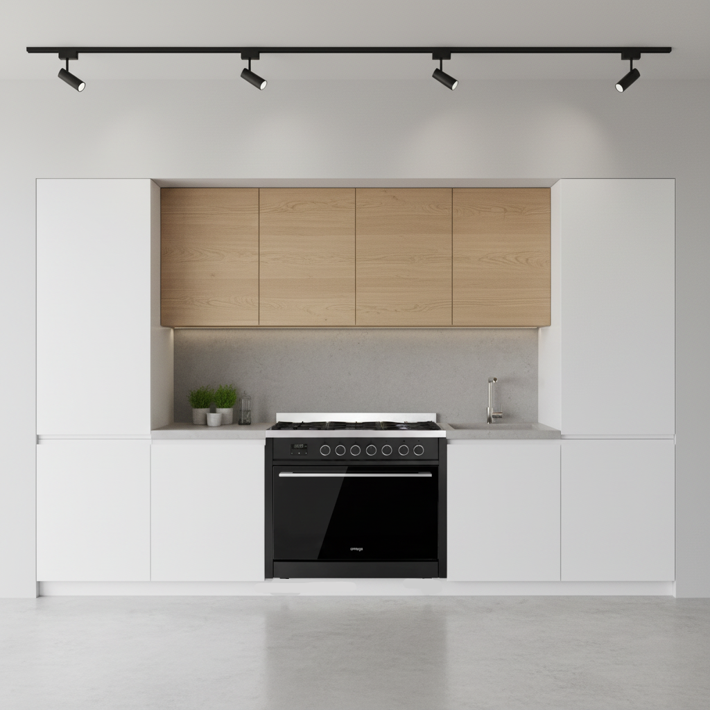 Black kitchen stove with digital display and control knobs on a white background