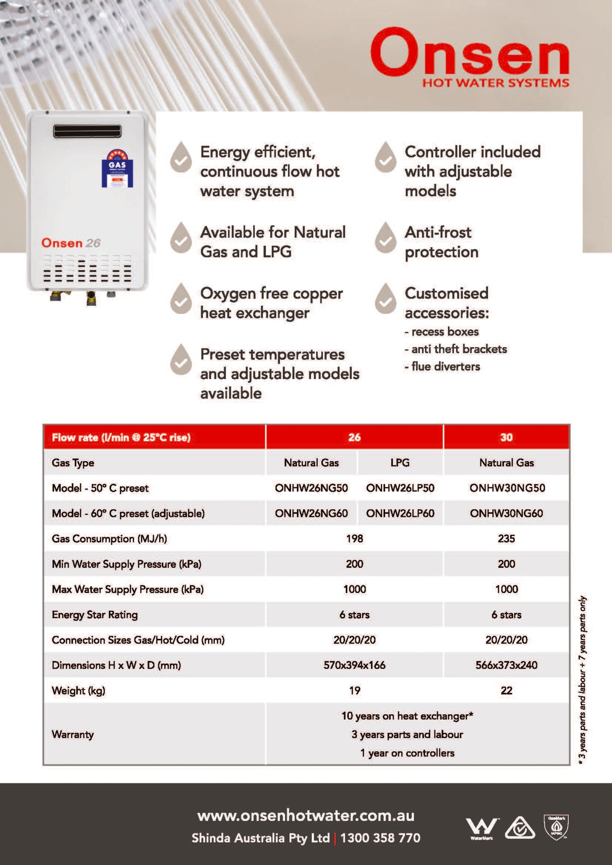 Onsen ONHW30NG50 50°C Limited 30L Hot Water System, Natural Gas