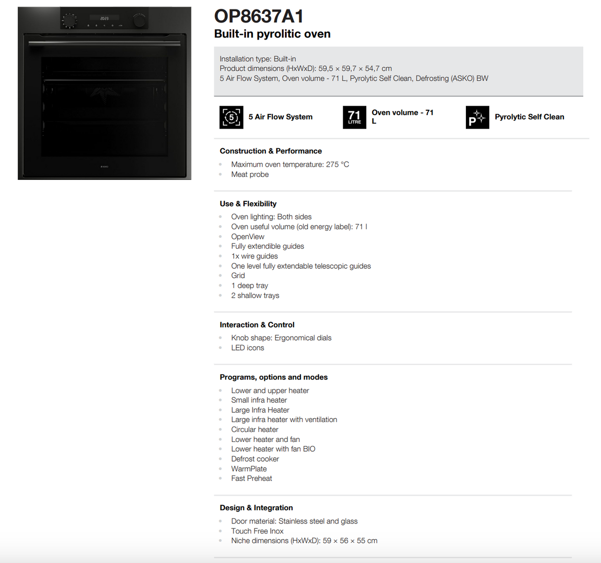 ASKO 60cm Pyrolytic Craft Built-In Oven Graphite Black OP8637A1 - Factory Seconds