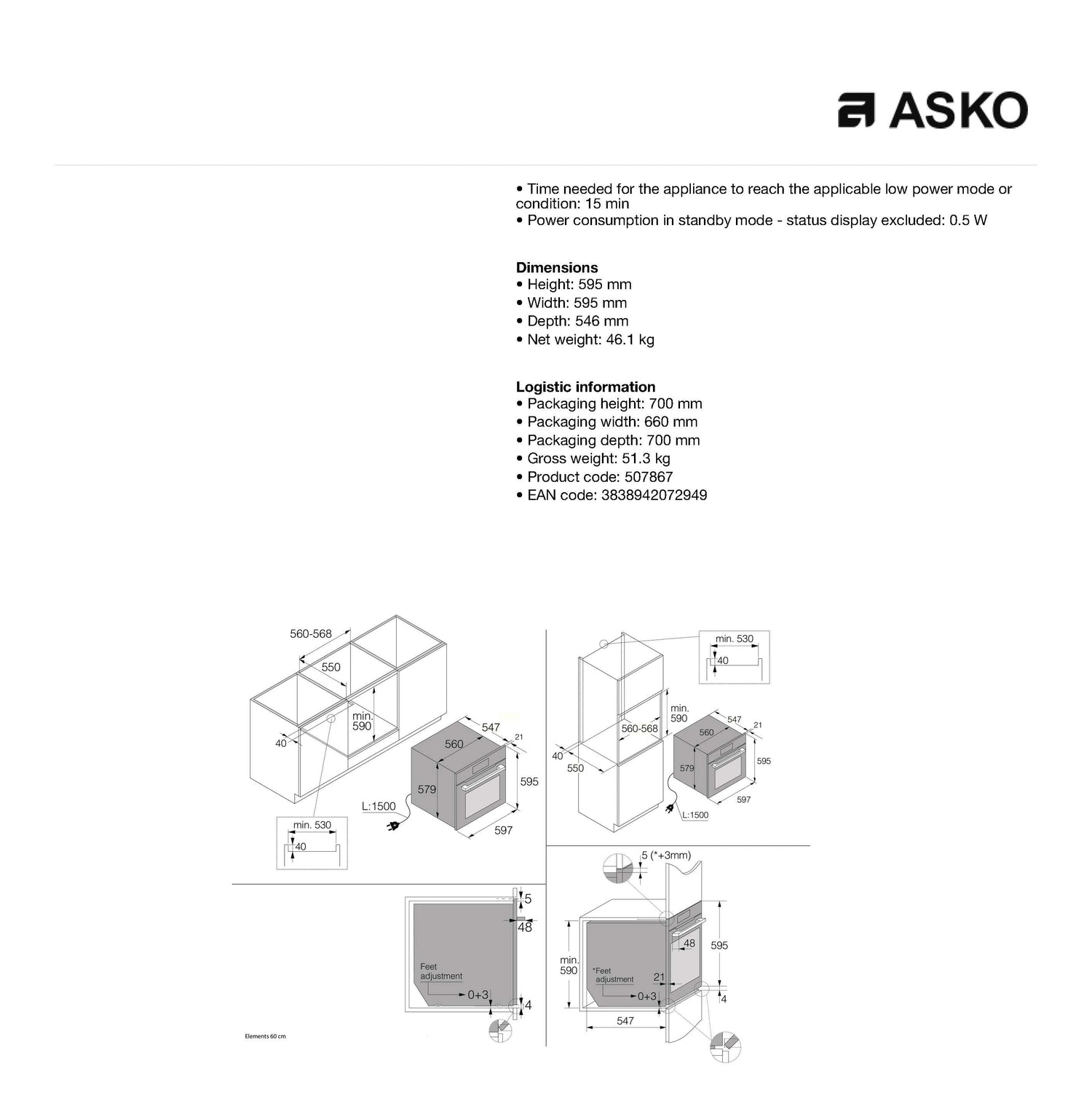 Asko Elements OP8678G 60cm Pyrolytic Multi Functional Oven - ASKO Seconds Discount